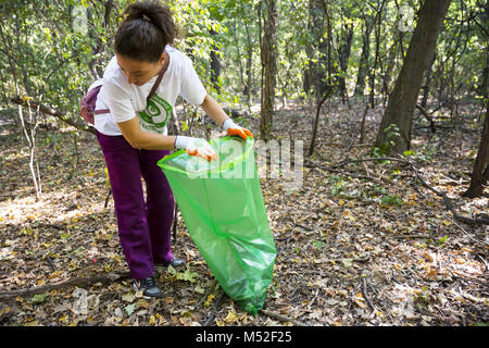 Picking up trash in the forest Stock Photo