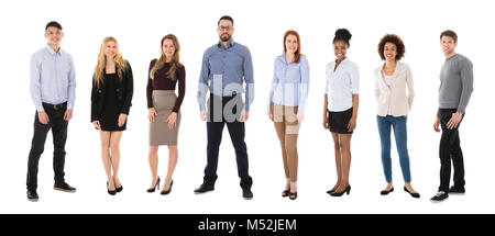 Team Of Happy Businesspeople Standing Over White Background Stock Photo