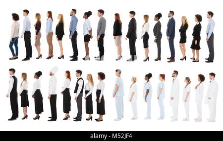People From Different Profession Standing In Queue Over White Background Stock Photo