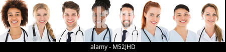 Collage Of Happy Doctors With Stethoscopes In A Row Stock Photo