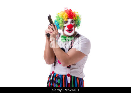 Funny clown with a gun pistol isolated on white background Stock Photo