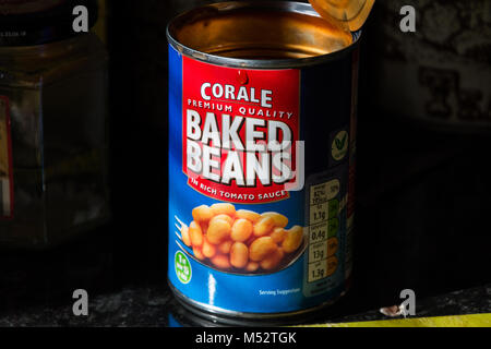 An open tin of Corale baked beans in tomato sauce from Aldis. Stock Photo