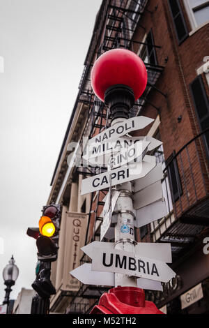 Sign post on Hanover Street, with streets named for Italian cities, in the North End neighborhood of Boston, Massachusetts, USA. Stock Photo