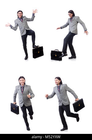 Young businessman in gray suit holding briefcase isolated on whi Stock Photo