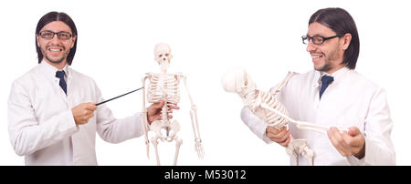 Funny teacher with skeleton isolated on white Stock Photo