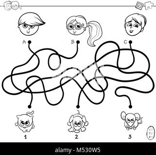 paths maze with kids and pets coloring book Stock Photo