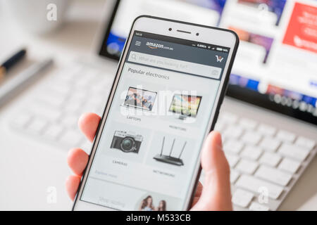 Melbourne, Australia - Feb 2, 2018: Browsing the Amazon online shopping store on a smartphone. Amazon is the largest online retailer in the world. Stock Photo