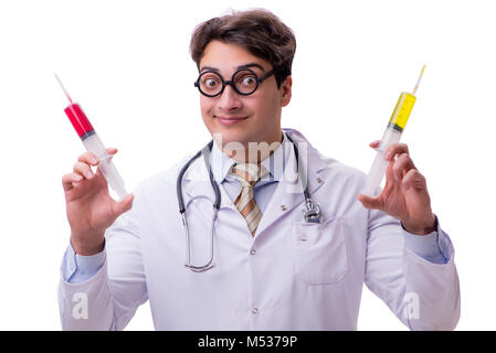 Funny doctor with syringe isolated on white Stock Photo