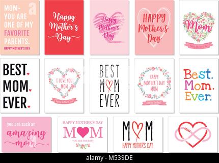 Mother's day cards with hand-drawn graphic design elements, vector set Stock Vector