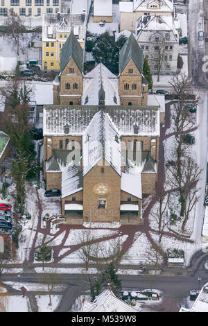 Aerial view, Marien church at Marienkrankenhaus Schwerte in winter and snow, Schwerte, Ruhr area, North Rhine-Westphalia, Germany, Europe, Schwerte, R Stock Photo
