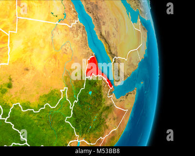 Eritrea in red on planet Earth with visible borderlines. 3D illustration. Elements of this image furnished by NASA. Stock Photo