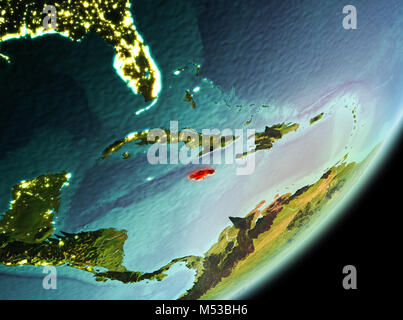 Jamaica in the morning highlighted in red on planet Earth. 3D illustration. Elements of this image furnished by NASA. Stock Photo