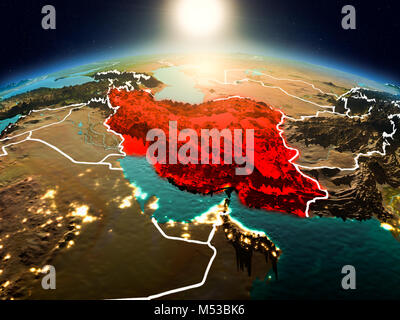 Sunrise above Iran highlighted in red on model of planet Earth in space with visible country borders. 3D illustration. Elements of this image furnishe Stock Photo