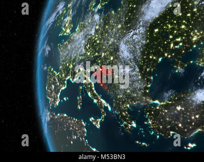 Night map of Croatia as seen from space on planet Earth. 3D illustration. Elements of this image furnished by NASA. Stock Photo