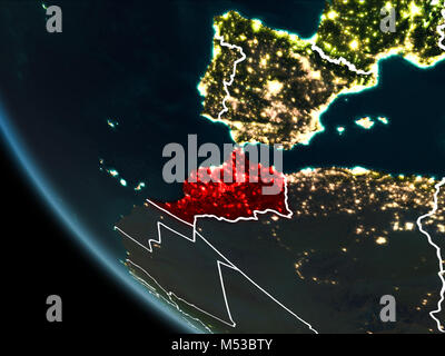 Satellite view of Morocco highlighted in red on planet Earth at night with borderlines and city lights. 3D illustration. Elements of this image furnis Stock Photo