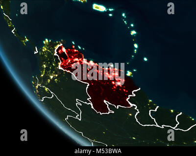 Satellite view of Venezuela highlighted in red on planet Earth at night with borderlines and city lights. 3D illustration. Elements of this image furn Stock Photo
