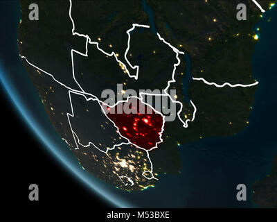 Satellite view of Zimbabwe highlighted in red on planet Earth at night with borderlines and city lights. 3D illustration. Elements of this image furni Stock Photo