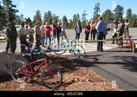 Dedication - Tusayan Greenway Trail Completion . Wes Neal of Bright Angel Bicycles addresses inaugural ride participants during Bike Your Park Day (September 24, 2016) There was a dedication, ribbon cutting and inaugural ride of newly paved Tusayan to Grand Canyon Visitor Center Greenway Trail. Stock Photo