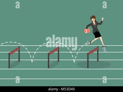 Business woman with elastic spring shoes jumping over hurdle. Business concept Stock Vector