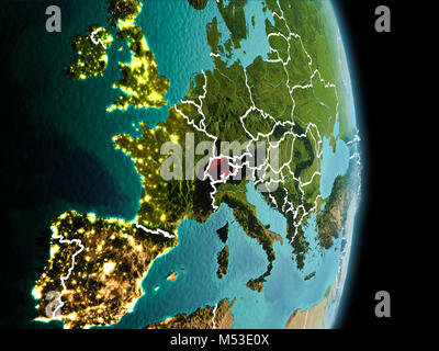 Satellite morning view of Switzerland highlighted in red on planet Earth with visible border lines and city lights. 3D illustration. Elements of this  Stock Photo