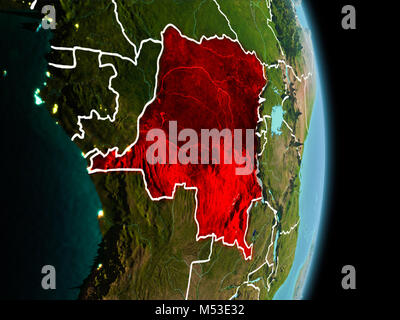 Satellite morning view of Democratic Republic of Congo highlighted in red on planet Earth with visible border lines and city lights. 3D illustration.  Stock Photo