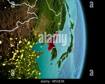 Satellite morning view of North Korea highlighted in red on planet Earth with visible border lines and city lights. 3D illustration. Elements of this  Stock Photo