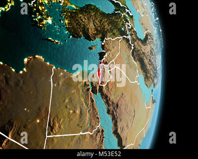 Satellite morning view of Israel highlighted in red on planet Earth with visible border lines and city lights. 3D illustration. Elements of this image Stock Photo