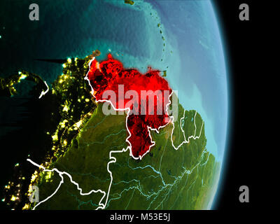 Satellite morning view of Venezuela highlighted in red on planet Earth with visible border lines and city lights. 3D illustration. Elements of this im Stock Photo