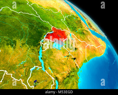 Space orbit view of Uganda highlighted in red on planet Earth with visible borders. 3D illustration. Elements of this image furnished by NASA. Stock Photo