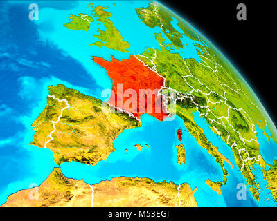 Space orbit view of France highlighted in red on planet Earth with visible borders. 3D illustration. Elements of this image furnished by NASA. Stock Photo