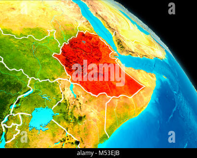 Space orbit view of Ethiopia highlighted in red on planet Earth with visible borders. 3D illustration. Elements of this image furnished by NASA. Stock Photo