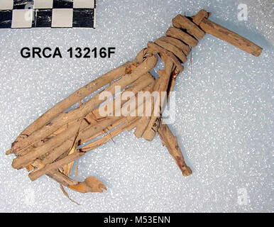 Split-Twig Figurine GRCAg. Some of the most facinating artifacts found here in the Grand Canyon are split-twig figurines.  Each one is made from a single twig, often willow, split down the middle, and then carefully folded into animal shapes.  These figurines date from 2,000 to 4,000 years ago and were found in remote caves.   Often they are in the shape of deer or bighorn sheep, sometimes with horns or antlers. Occasional Stock Photo