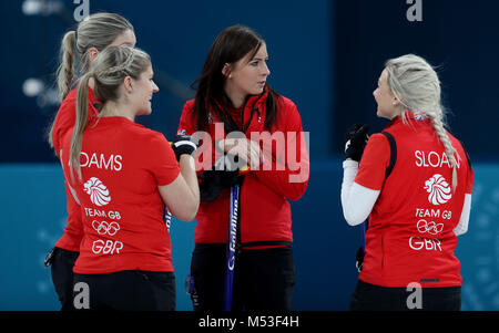 Great Britain's skip Eve Muirhead with Vicki Adams, Anna Sloan and Lauren Gray during their match with Japan at the Gangneung Curling Centre during day eleven of the PyeongChang 2018 Winter Olympic Games in South Korea. Stock Photo