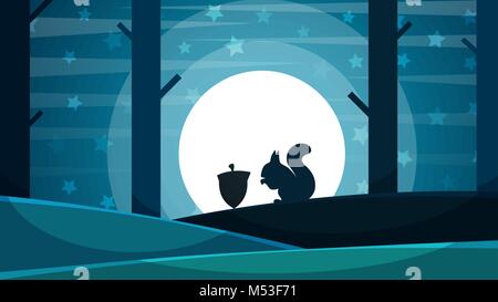 Paper night landscape. Squirrel jump illustration. Star, forest, tree, moon. Stock Vector