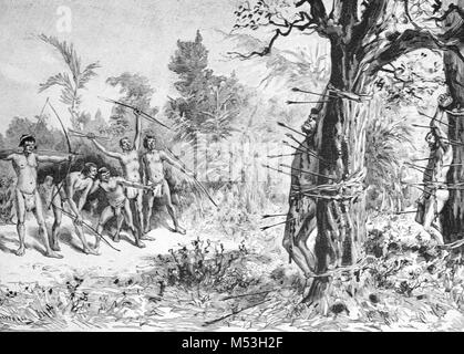 Indigenous Americans of the Toba Tribe Torture Survivors (by Using them for Target Practice) of the Ill-Fated Fourth Expedition (1882) of French Explorer, Doctor and Soldier, Jules Crevaux (1847-1882) in the Gran Chaco Region of South America (Engraving, 1888) Stock Photo