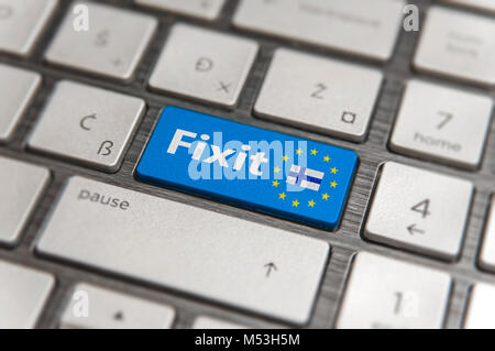 Blue key Enter Finland Fixit with EU keyboard button on modern text communication board Stock Photo