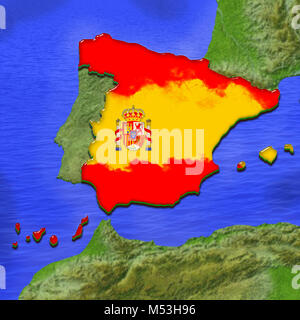 3D map of Spain painted in the colors of Spanish flag, surrounded by land and sea background. Illustration of stylized jelly pie Stock Photo