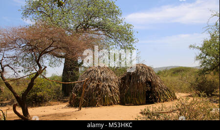 Straw Thatched huts in a Hadza Tribe village, Lake Eyasi, Tanzania Stock Photo