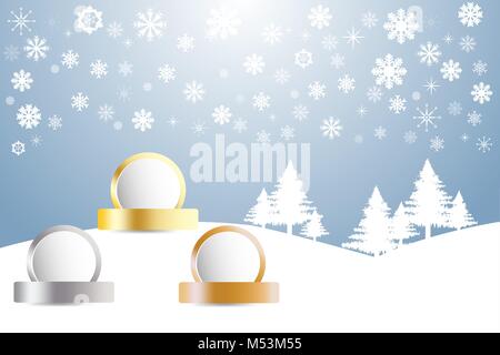 Sports Rank as a white circles ready for your text with golden, silver and bronzed labels in winter snow landscape with trees and snowflakes Stock Vector