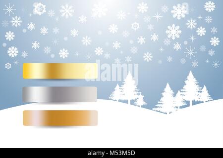 Sports Rank as a golden, silver and bronzed labels in winter snow landscape with trees and snowflakes Stock Vector