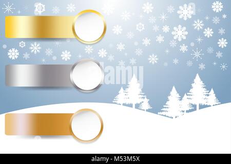 Sports Rank as a white circles with golden, silver and bronzed labels in winter snow landscape in background. Stock Vector