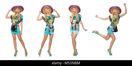 Happy woman wearing sombrero hat on white Stock Photo - Alamy