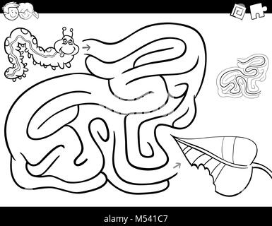 maze game coloring book with caterpillar and leaf Stock Photo