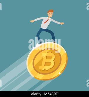 Bitcoin growing up, business concept. Successful businessman flying on gold coin. Flat modern design vector illustration Stock Vector