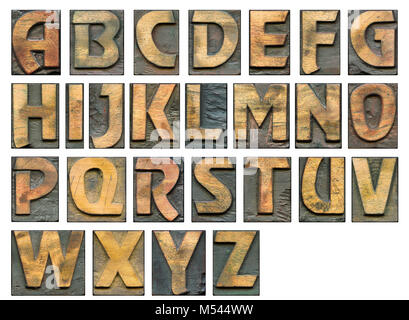 full alphabet vintage wooden letterpress set with capital letters isolated on white, detailed - each letter has 1200 pix in height Stock Photo