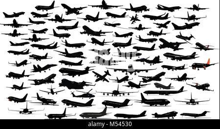 Ninety Airplane silhouettes. Vector illustration. Stock Vector