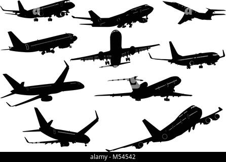 Ten  Airplane silhouettes. Vector illustration. Stock Vector
