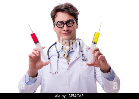 Funny doctor with syringe isolated on white Stock Photo