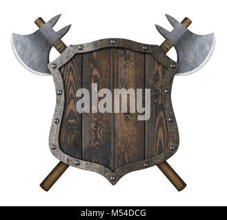 Wooden medieval shield with crossed battle axes 3d illustration Stock ...