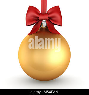 3D rendering golden Christmas ball with red ribbon and bow Stock Photo